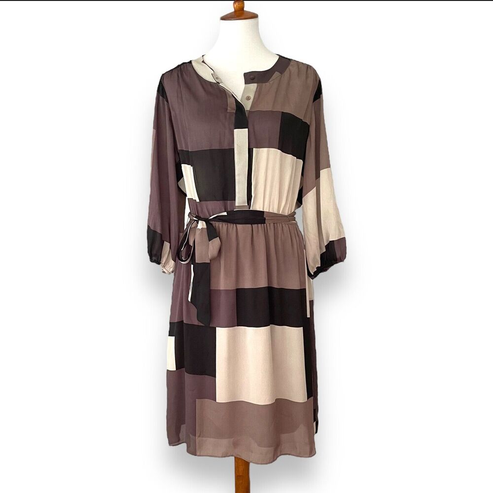 Max and Cleo Brown Tan Black Color Block Tie Waist Midi Blouson Dress Size Large